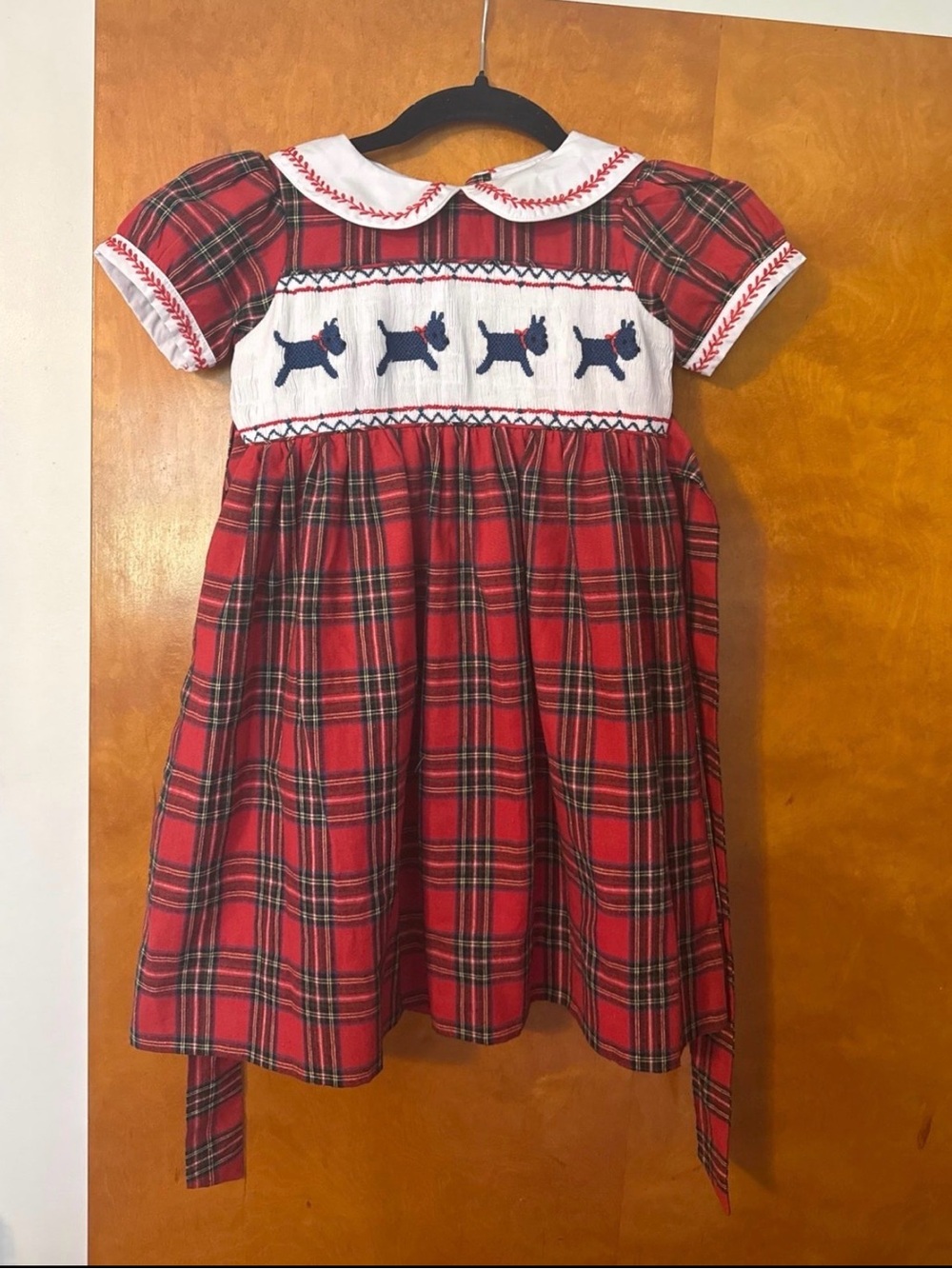 Red Plaid Christmas Smocked Dress with Navy Scottie Dogs for Girls